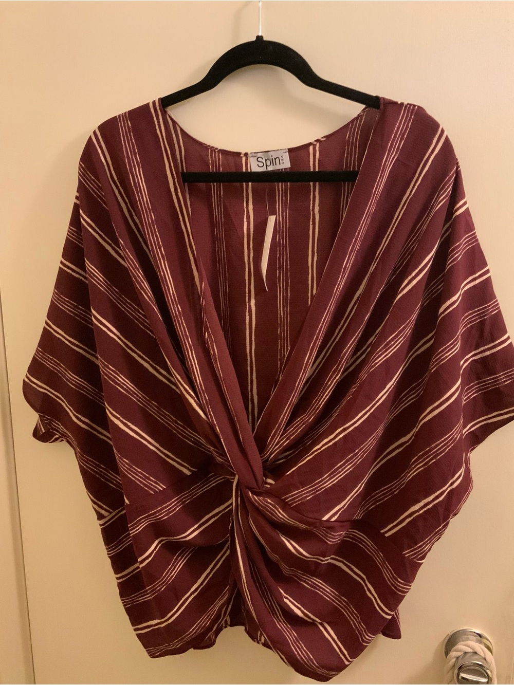 Spin Striped Twist-Front Blouse in Burgundy